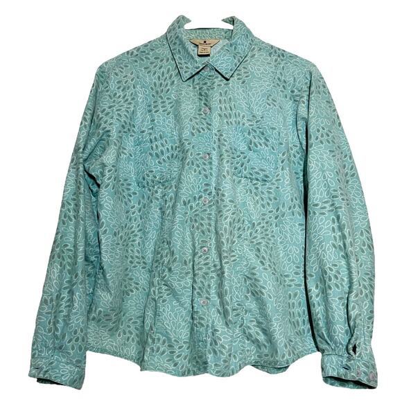 Woolrich Button Down Shirt 100% Cotton Long Sleeve Leaf Print Aquifer M Petite - Picture 1 of 5